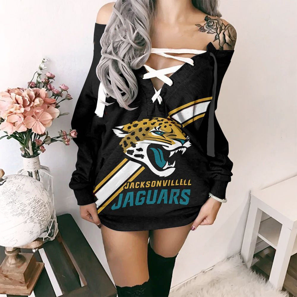 NFL Lace-up V-neck Off-shoulder Dress [Presale](YS924)NFL Lace-up V-neck Off-shoulder Dress [Presale](YS924)