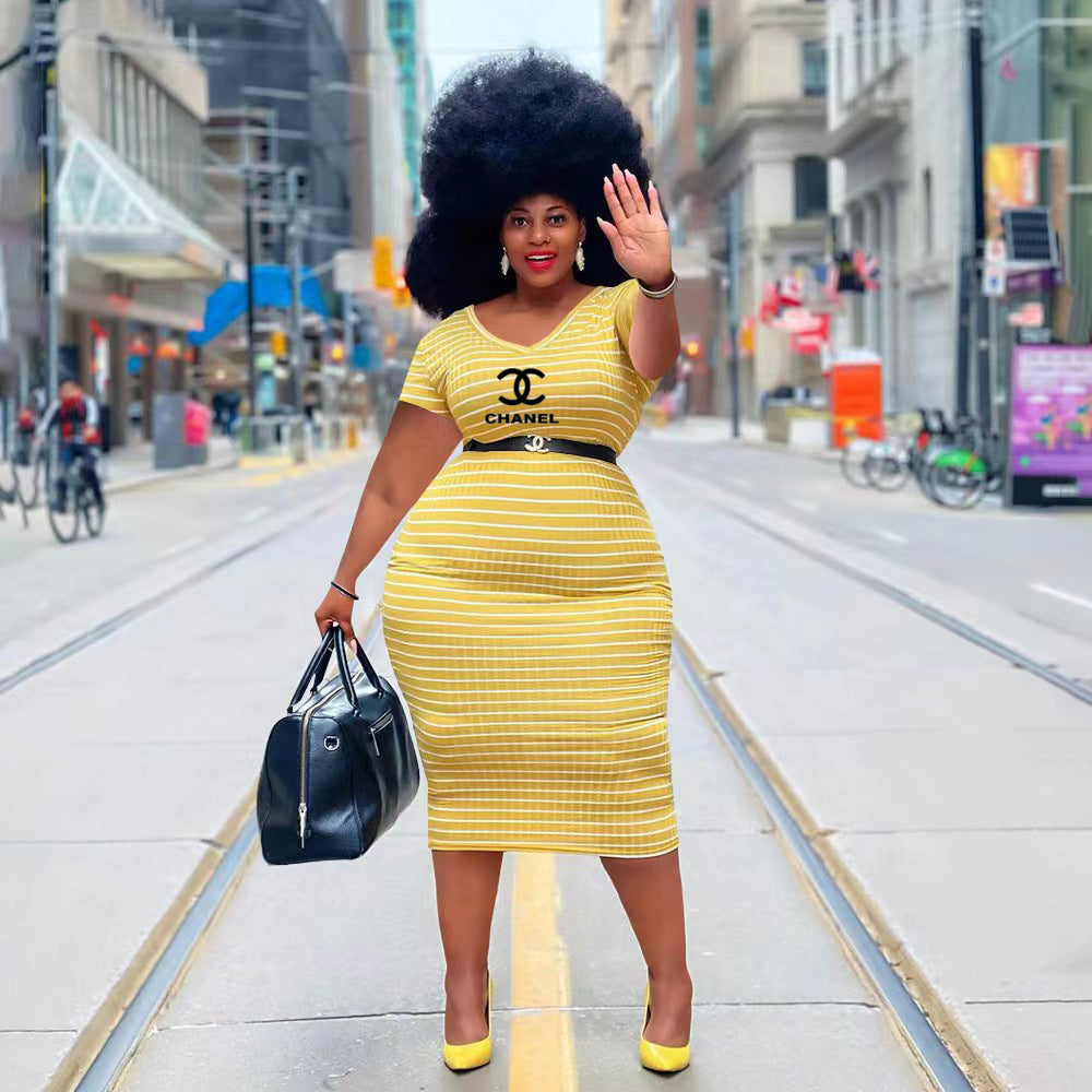 C-Printed Striped Dress(Plus size)(QQ315)C-Printed Striped Dress(Plus size)(QQ315)