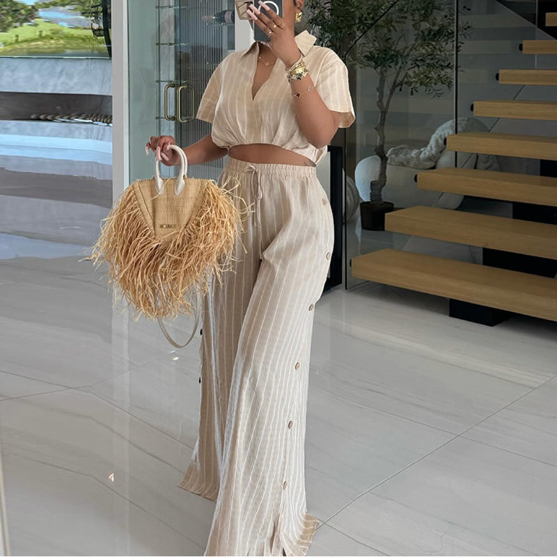 Striped Shirt Wide-leg Pants Two-piece Suit(HK7950)Striped Shirt Wide-leg Pants Two-piece Suit(HK7950)