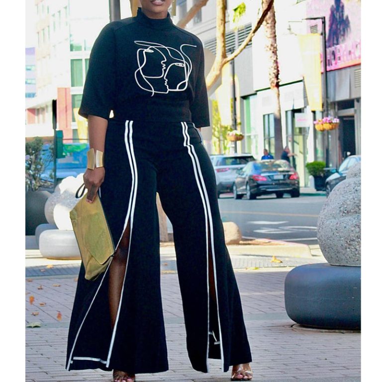 Offset Printed Top Wide Leg Slit Casual Suit(D8639)Offset Printed Top Wide Leg Slit Casual Suit(D8639)