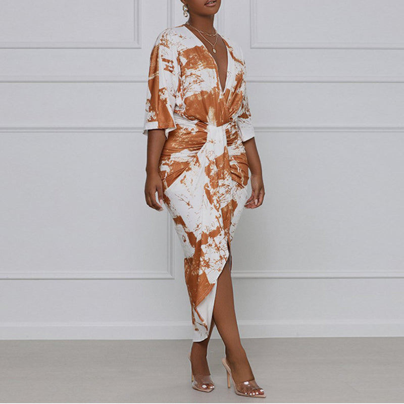 Tie-dye Printed Irregular Waist Dress(D1361)Tie-dye Printed Irregular Waist Dress(D1361)
