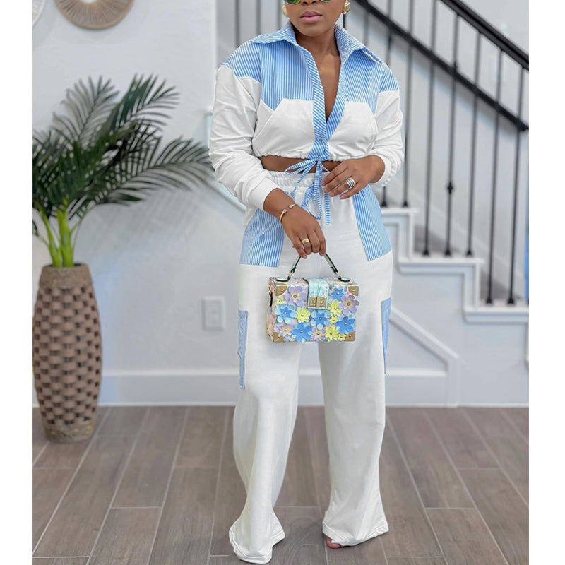 Striped Colorblock Long-sleeved Two-piece Suit(211458)Striped Colorblock Long-sleeved Two-piece Suit(211458)