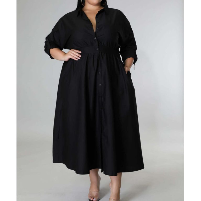 Solid Color Long Sleeve Shirt Dress(Plus size)(QJ5503)Solid Color Long Sleeve Shirt Dress(Plus size)(QJ5503)