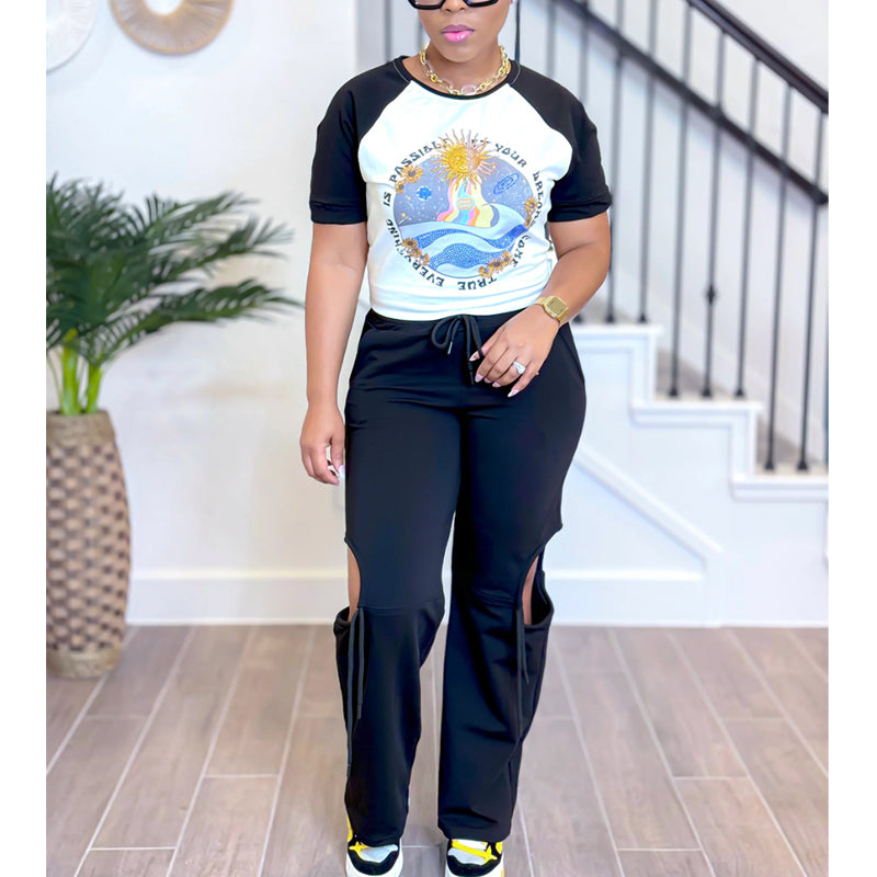 Printed Multicolor Short-sleeved Trousers Suit(C6998)Printed Multicolor Short-sleeved Trousers Suit(C6998)