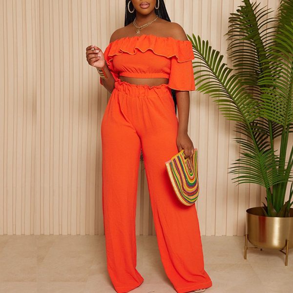 Off-shoulder Ruffled Top and Wide-leg Pants Suit(HK6644)