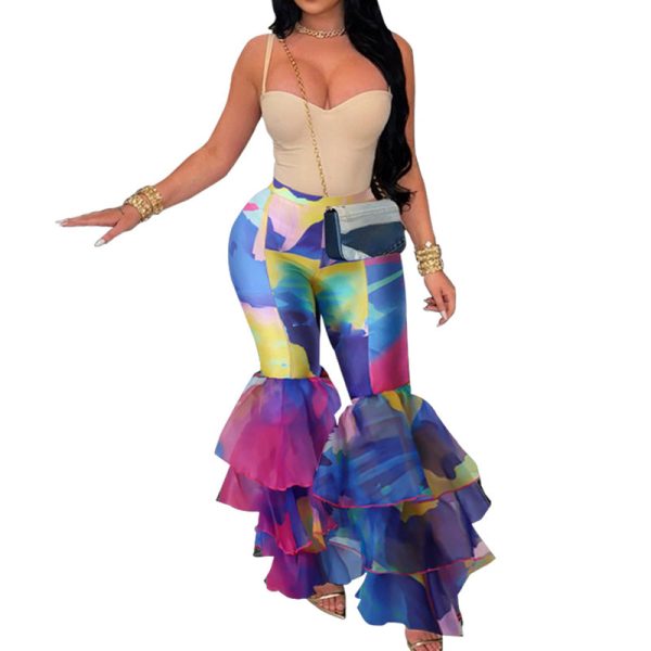 Tie-Dye Printed Flared Pants with Ruffles(K10744)Tie-Dye Printed Flared Pants with Ruffles(K10744)