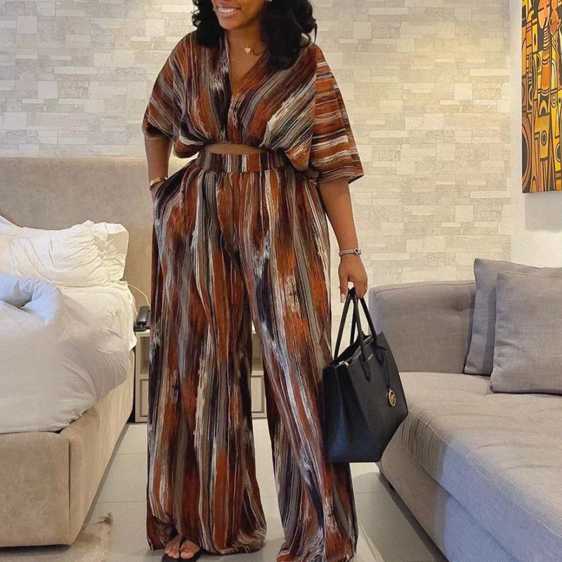 V-neck Short-sleeved Wide-leg Pants Suit(M6034)V-neck Short-sleeved Wide-leg Pants Suit(M6034)
