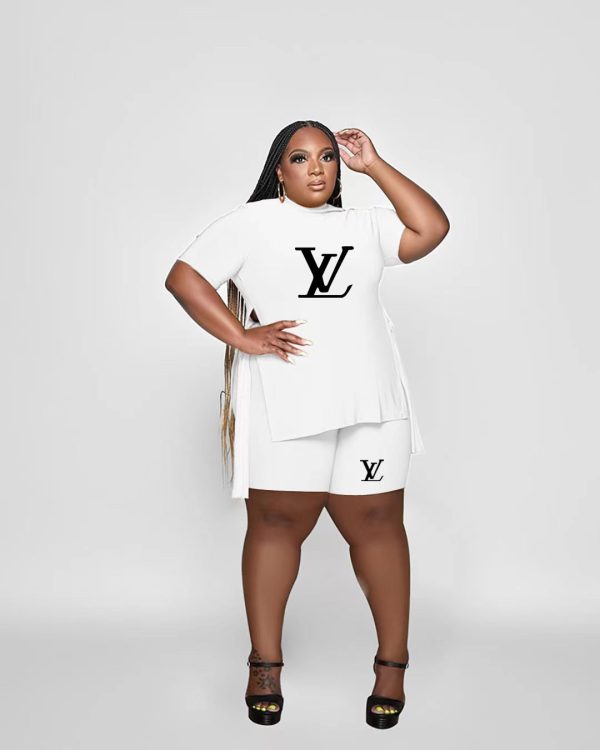 L-Slit Tie Top Shorts Printed Two-Piece Set(Plus size)（QQ326）