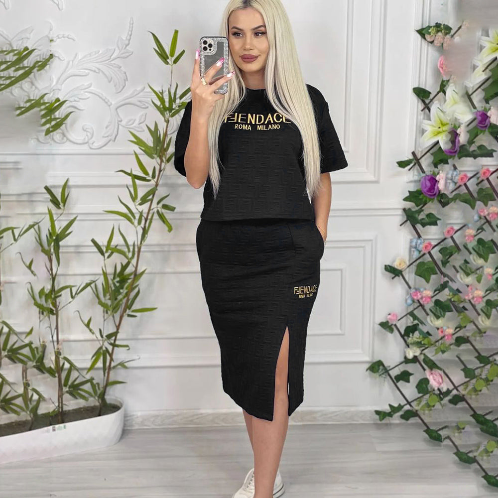 F-Short-sleeved + Slit Hip Skirt Set(Y71585)F-Short-sleeved + Slit Hip Skirt Set(Y71585)