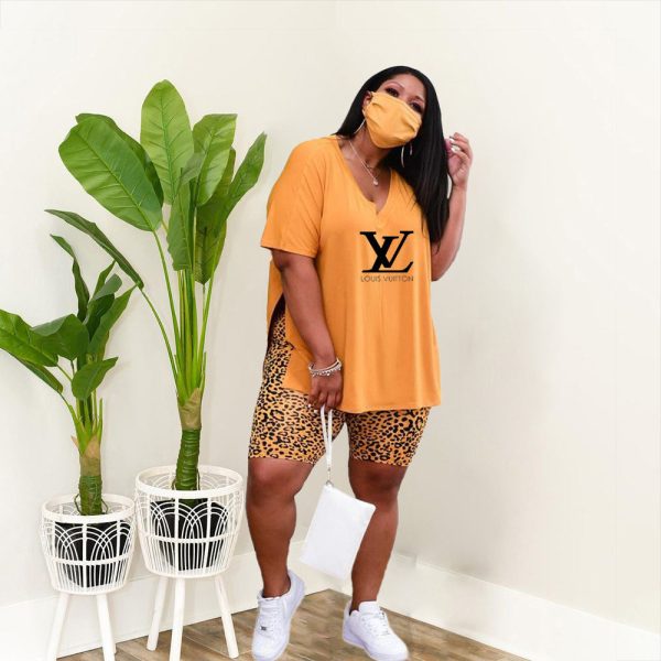 L-T-shirt Leopard Print Shorts Two-piece Set(Plus size)（L6195）