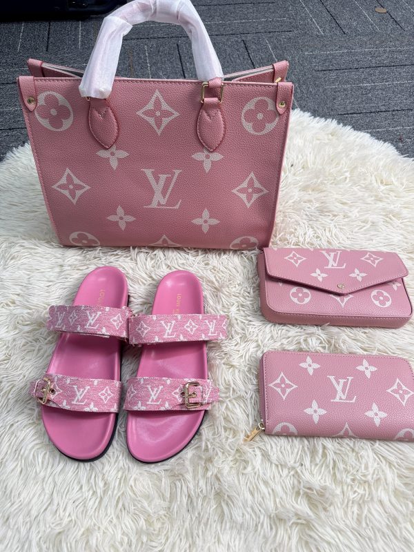 L-Pink 3 pcs bag set & Two Straps Flats(L1445)L-Pink 3 pcs bag set & Two Straps Flats(L1445)